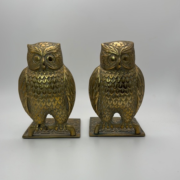 Vintage MCM Solid Brass Owl Bookends - Picture 1 of 6